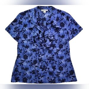 Pendleton 14 Blue Floral  100% SILK Ruffle V Neck Shrtslv Women's Blouse